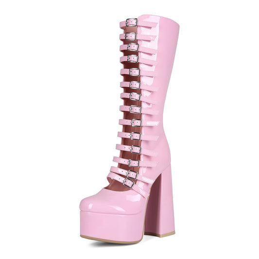 High-heeled Strap-decorated Platform Chunky-heel Plus-size Womens Over-the-knee Sandals