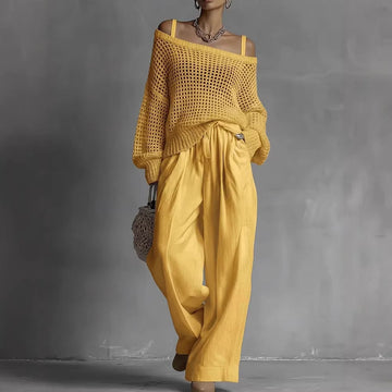 Women's Hollow-Out Knitted Top & Linen Pants Two-Piece Set – Elegant Casual Co-ord