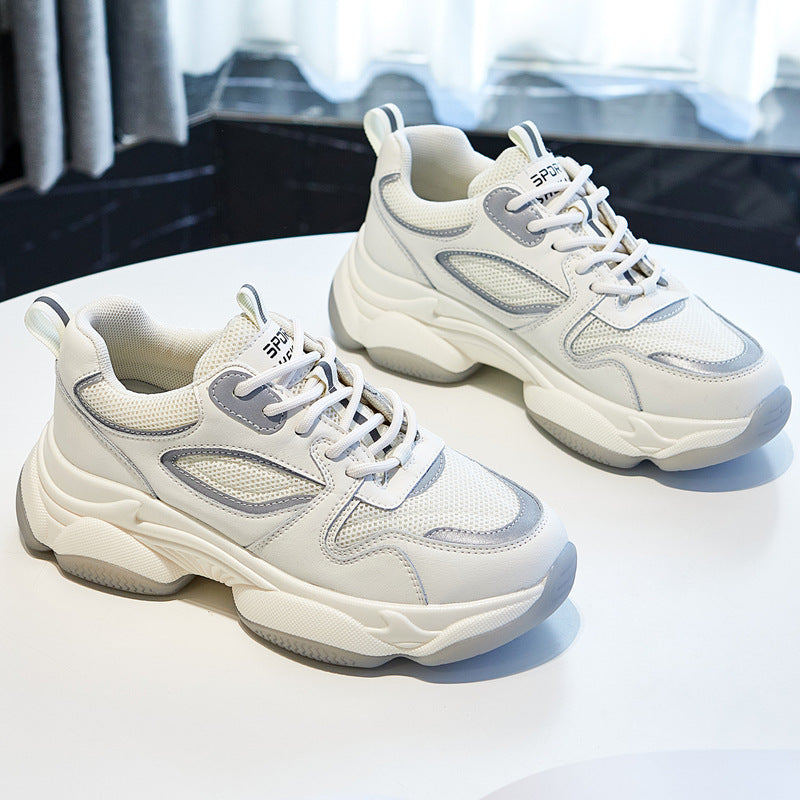 Women Platform Casual Shoes Reflective Fashion Sports White Sneakers Beige styleora