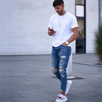 Men's Ripped Hole Jeans – Distressed Slim Fit Denim Trousers