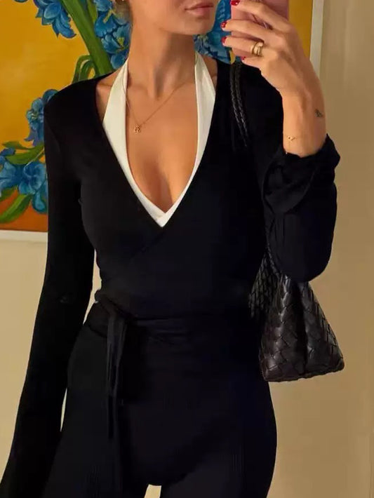 V Neck Fitted Long Sleeve Tie Up Top