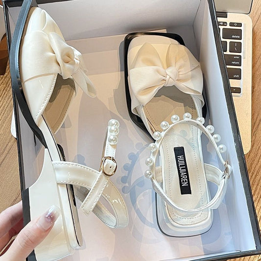 Women's Bow-Knot Pearl Low-Heel Leather Shoes – Elegant Summer Footwear