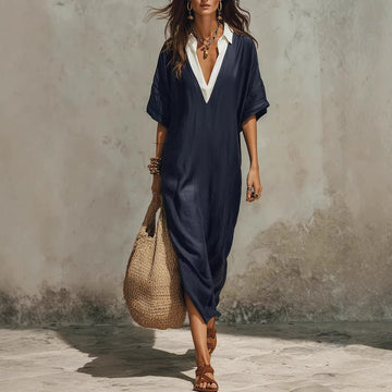 Women's V-Neck Loose Linen Blend Midi Dress – Relaxed Vacation Casual Style