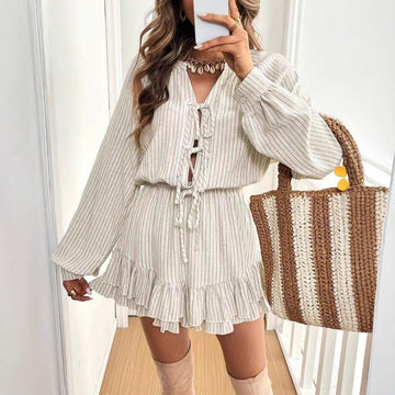 Round-neck Lantern-sleeve High-waisted Cotton-linen Dress