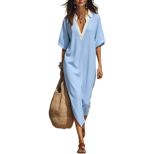 Women's V-Neck Loose Linen Blend Midi Dress – Relaxed Vacation Casual Style