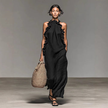 Women's Ruffled Halterneck Sleeveless Maxi Dress – Flowy Resort Style