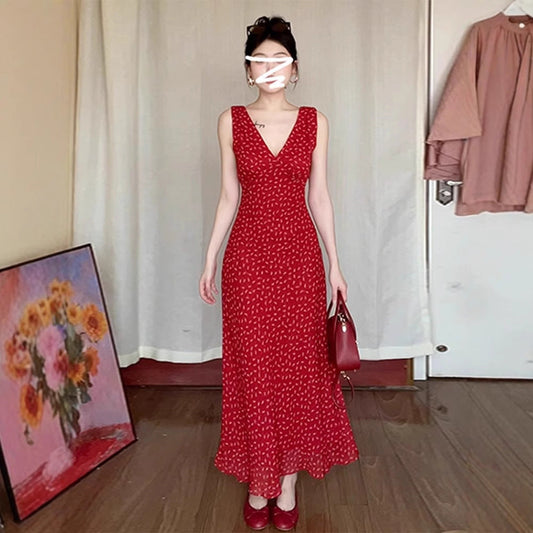 Women's Versatile Red V-Neck Sleeveless Floral Dress