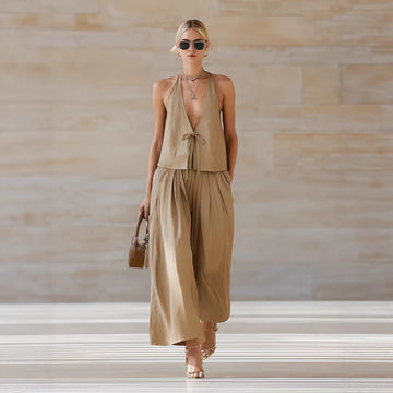 Women's Simple Button-Up Top & Wide-Leg Linen Pants Two-Piece Set – Casual Chic