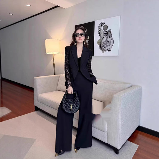 Women's Spring Solid Color Lace Patchwork Suit Set – Elegant Slim Fit Co-ord