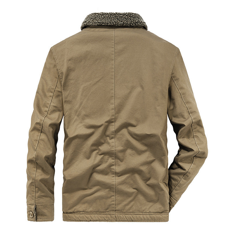 Beige jacket with a textured collar on a white background