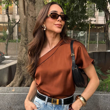 Women's Irregular Collar Matte Colour Fashion Top – Chic Statement Piece