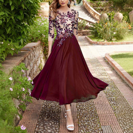 Decal Chiffon Lace Patchwork Long Dress