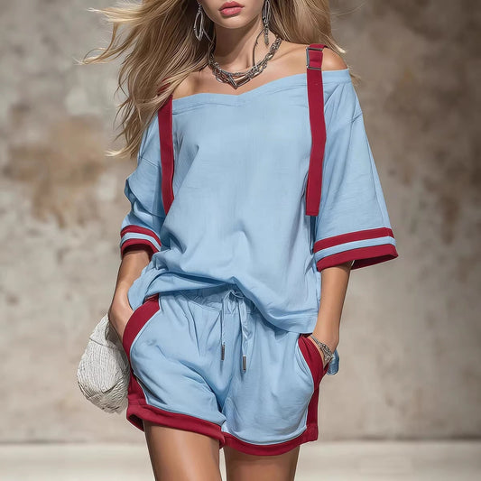 Women's Contrast-Color Patchwork Casual Shorts Set – Trendy Summer Two-Piece