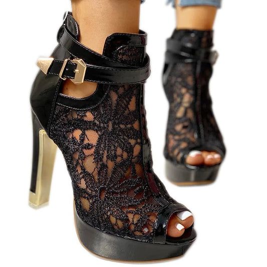 Lace-Trimmed Buckle Fish-mouth Chunky Heel Sandals Womens