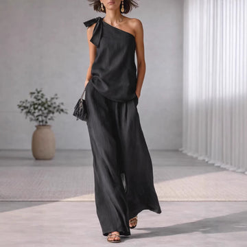 Women's One-Shoulder Tie Detail Top & Wide-Leg Pants Set – Casual Chic