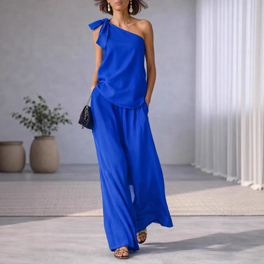 Women's One-Shoulder Tie Detail Top & Wide-Leg Pants Set – Casual Chic