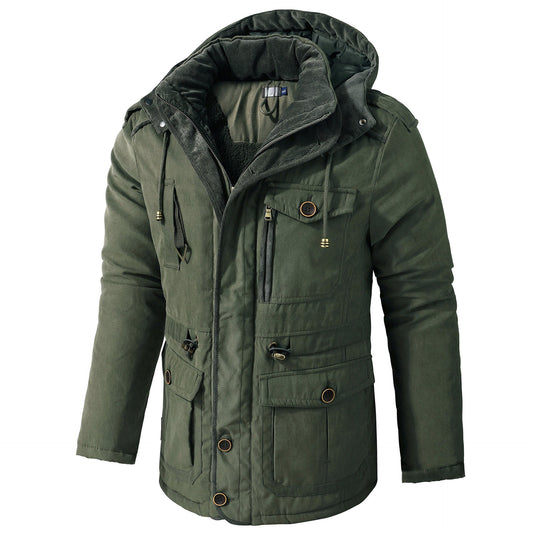 Green winter jacket with a hood on a white background