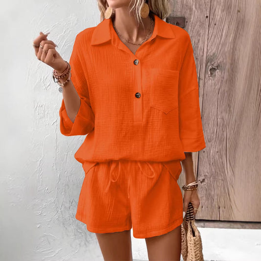 Women's Lapel Collar Double-Panel Shirt & Shorts Two-Piece Set – Casual Everyday Style