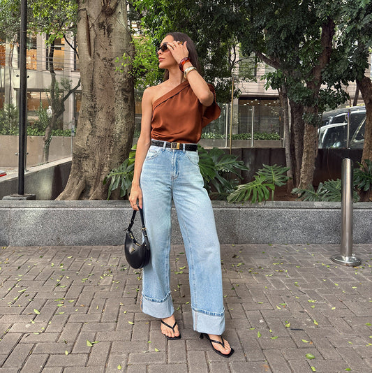 Women's Irregular Collar Matte Colour Fashion Top – Chic Statement Piece