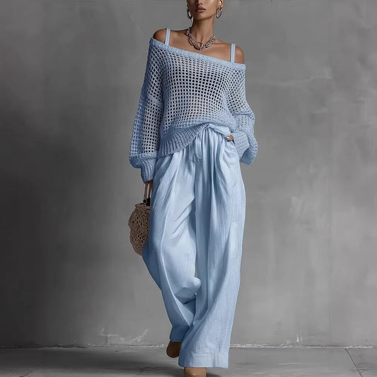 Women's Hollow-Out Knitted Top & Linen Pants Two-Piece Set – Elegant Casual Co-ord