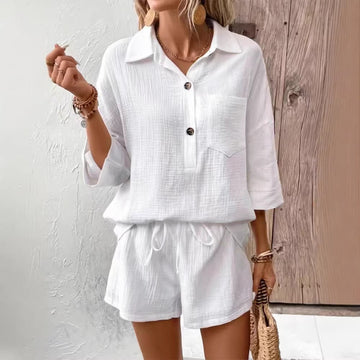 Women's Lapel Collar Double-Panel Shirt & Shorts Two-Piece Set – Casual Everyday Style
