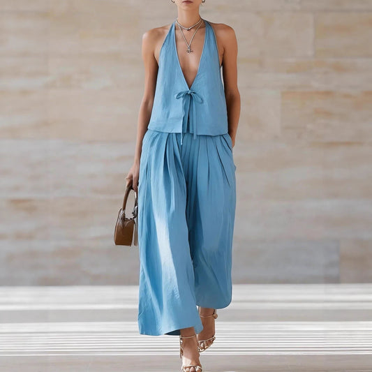 Women's Simple Button-Up Top & Wide-Leg Linen Pants Two-Piece Set – Casual Chic