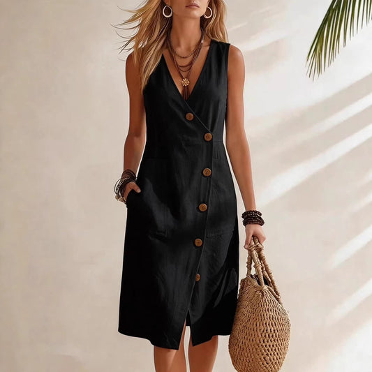 Women's V-Neck Sleeveless Asymmetrical-Button Midi Dress – Resort Style