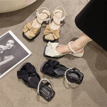 Women's Bow-Knot Pearl Low-Heel Leather Shoes – Elegant Summer Footwear